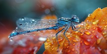Blue dragonfly on a red leaf with drops of dew.