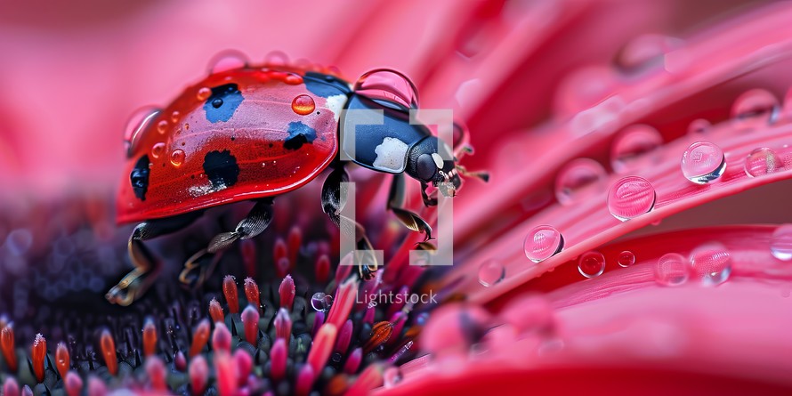 Red ladybug on a flower petal with water drops close up