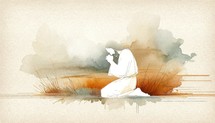 Watercolor digital illustration of Jesus Christ sitting on his knees and praying in a field.
