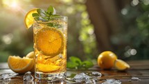 Refreshing cocktail with orange lemon and mint on a wooden table in sunlight