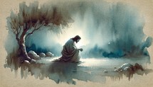 The Agony in Gethsemane of Jesus Christ. Passion Thursday. Life of Christ. Watercolor Biblical Illustration