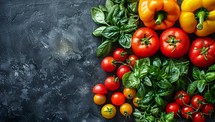 Variety of fresh vegetables on dark background. Top view with copy space