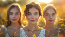 Portrait of three beautiful women in the field of yellow flowers.