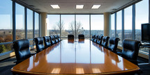 Modern conference room interior with panoramic windows. Nobody inside.