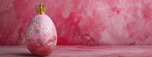 Pink easter egg with golden crown on pink background, panorama
