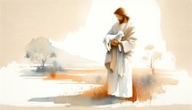  Illustration of Jesus Christ holding a lamb. Digital watercolor landscape.