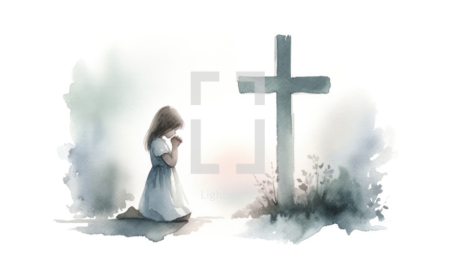 Illustration of a little girl praying in front of a cross
