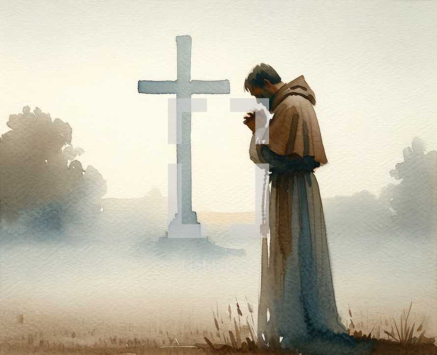 Illustration of a man praying in front of a cross