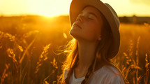 Portrait of a beautiful young girl in a hat on the field at sunset	