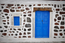 The church doors of a Greek Orthodox church on the island of Santorini, Greece.