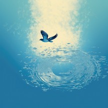 Baptism, the Holy Spirit. Dove with open wings flies over the surface of the water. 