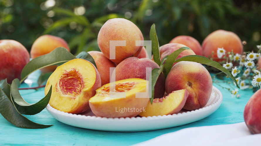 Still life of ripe peaches and nectarine. 