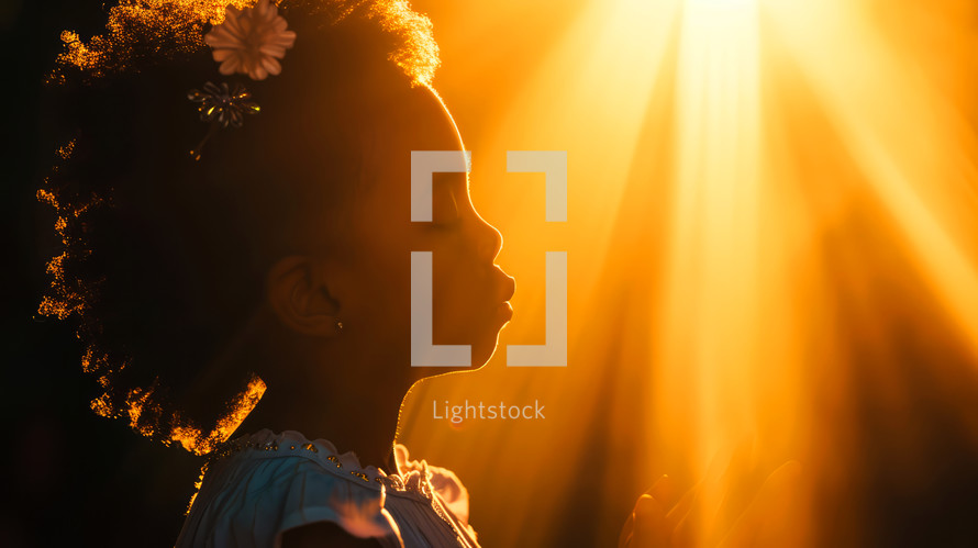 Portrait of beautiful african american girl with closed eyes in the sunlight, praying.