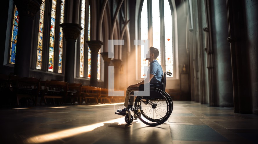 Young disabled man in wheelchair in church interior. Disabled people concept.