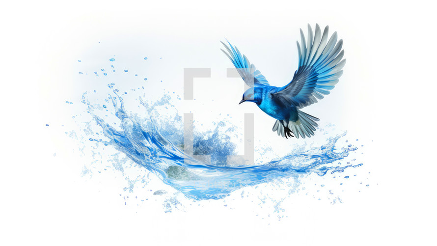 Baptism, the Holy Spirit. Dove with open wings and splashes of water on white background. 