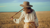 Woman playing on woodwind wooden flute - ukrainian telenka or tylynka outdoors in wheat field. Folk music concept. Musical instrument. Musician in traditional embroidered shirt - Vyshyvanka.