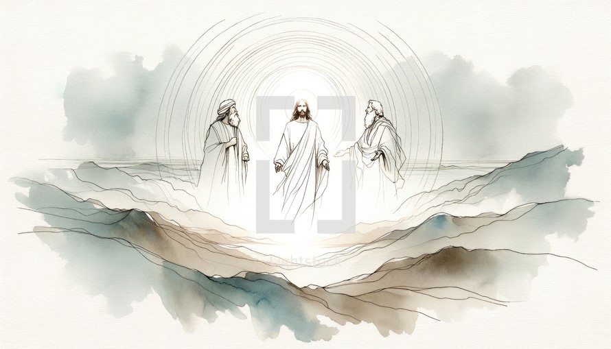 The greatest miracle: Transfiguration of Jesus. Jesus appearing with the prophet Elijah and Moses. Digital watercolor painting.