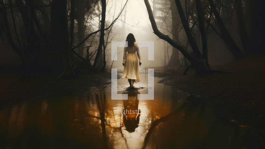 Taking the wrong path. Woman in a long white dress walking in a dark foggy forest.