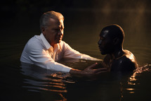 Baptism. A white Pastor baptize a young black man in the water at sundown