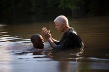 Baptism. A white Pastor baptize a black man in the water at sundown