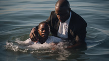Baptism. A black Pastor baptize a black kid in the water