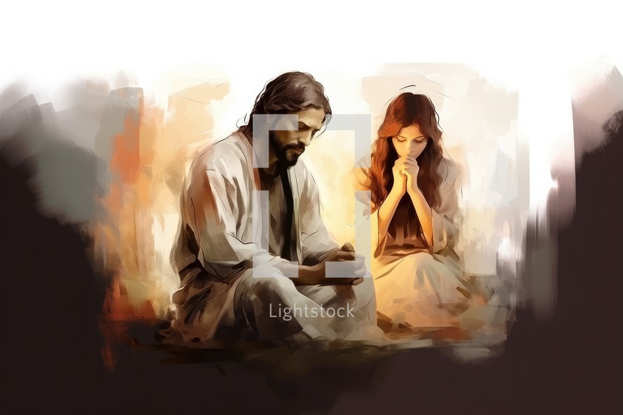Illustration of Jesus praying with a woman