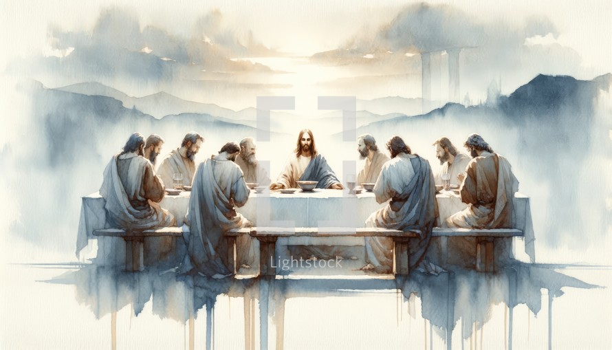 The Last Supper. Jesus Christ. Watercolor Biblical Illustration