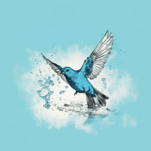 Baptism, the Holy Spirit. Dove with open wings and splashes of water on blue background. 