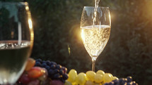 Stunning view of pouring white wine into glass goblet with fresh grape bunch background, sun light breaks through vineyard. High quality