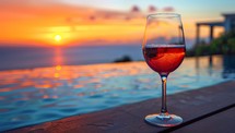 Wine glass on swimming pool with beautiful view of sea and sunset