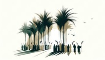  Palm sunday. Christ's triumphal entry into Jerusalem. Silhouette of a crowd of people on the background of palm trees.