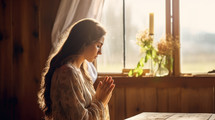 Beautiful young woman praying in front of the window at home.
