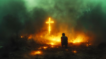 Bright burning cross with a man kneeling in front of it during the night.
