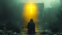 Luminous yellow cross on top of a destroyed house. Silhouette of a man looking at it in the fog.
