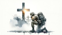 Christian soldier praying with cross in the background. Christian concept. Digital painting.