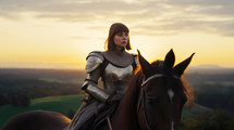 Joan of Arc, God's Warrior. Young woman in armor on a horse in the sunset