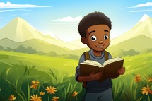 Illustration of a little kid reading a book on a nature background. Cartoon style.