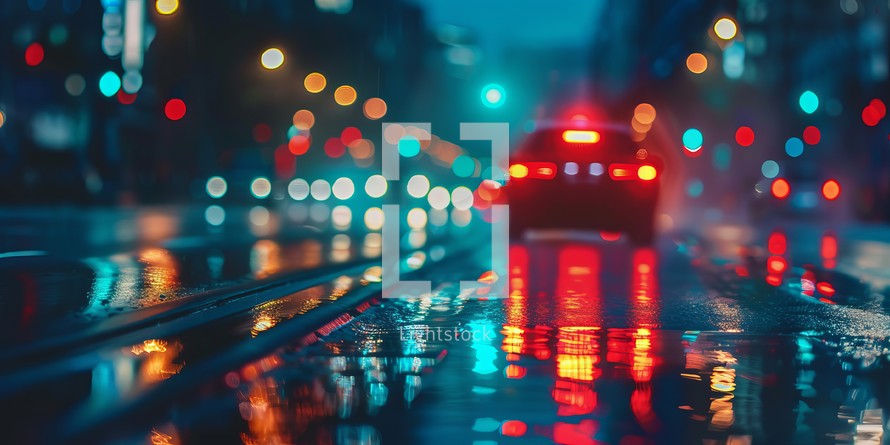 Red car on the road in the city at night. Motion blur