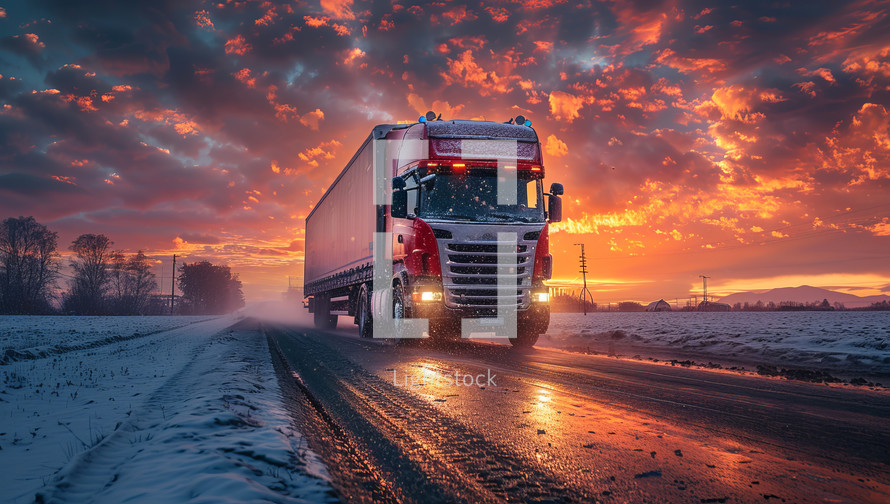 Truck on the road at sunset. Freight transportation and logistics