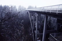 mountain bridge over an icy winter forest 