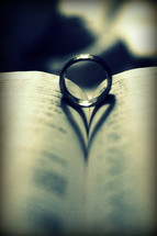 wedding ring in the center of an open Bible 