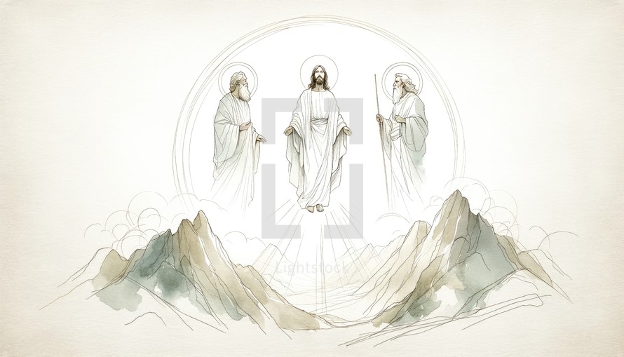The greatest miracle: Transfiguration of Jesus. Jesus appearing with the prophet Elijah and Moses. Digital watercolor painting.