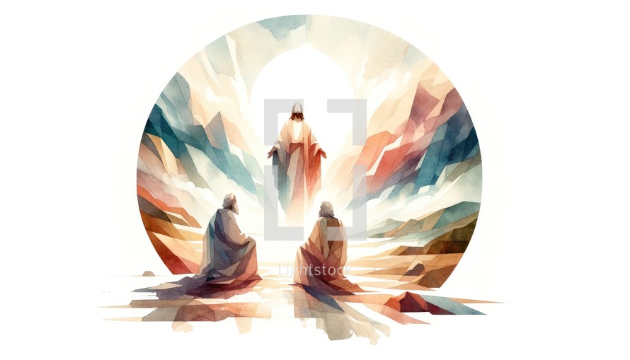 The greatest miracle: Transfiguration of Jesus. llustration of Jesus appearing bright to the apostles on a mountain. Digital watercolor painting.