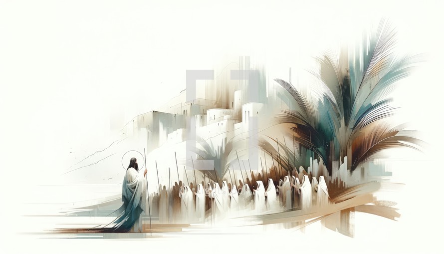 Palm sunday. Christ's triumphal entry into Jerusalem. Watercolor illustration.