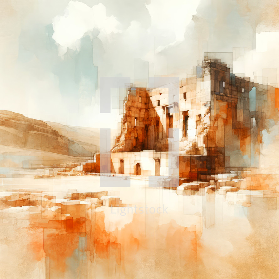 Ancient temple. Digital painting. Ancient Biblical Lanscape. 