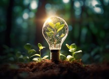 Green plant growing inside of light bulb in soil. Ecology and environment concept.