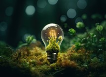Glowing light bulb with green plant inside placed on mossy ground