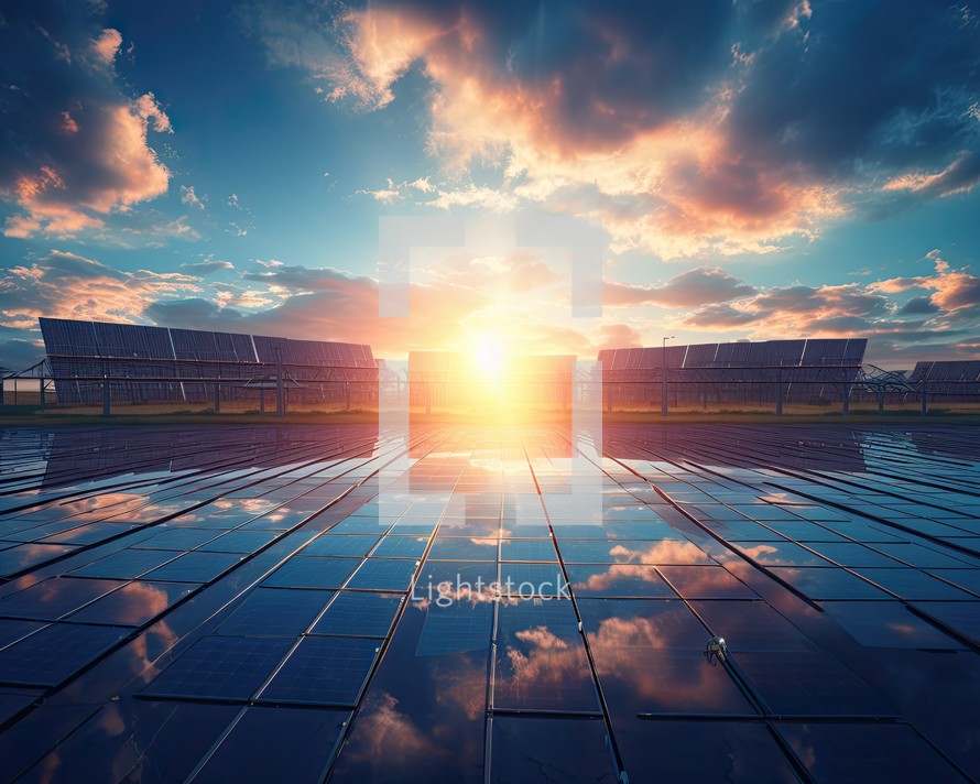 Solar panels with beautiful sky at sunset background. 3d rendering.