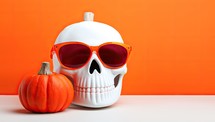 Halloween holiday concept. Skull wearing sunglasses and pumpkin on orange background