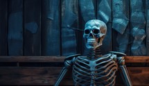 3d rendering of a human skeleton wearing a skeleton costume on a wooden background
